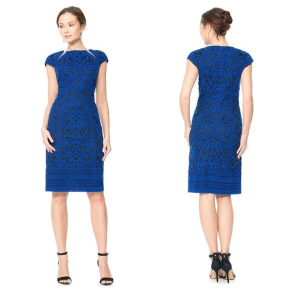 Crewel Embroidery on tulle cap sleeve dress by Tadashi Shoji